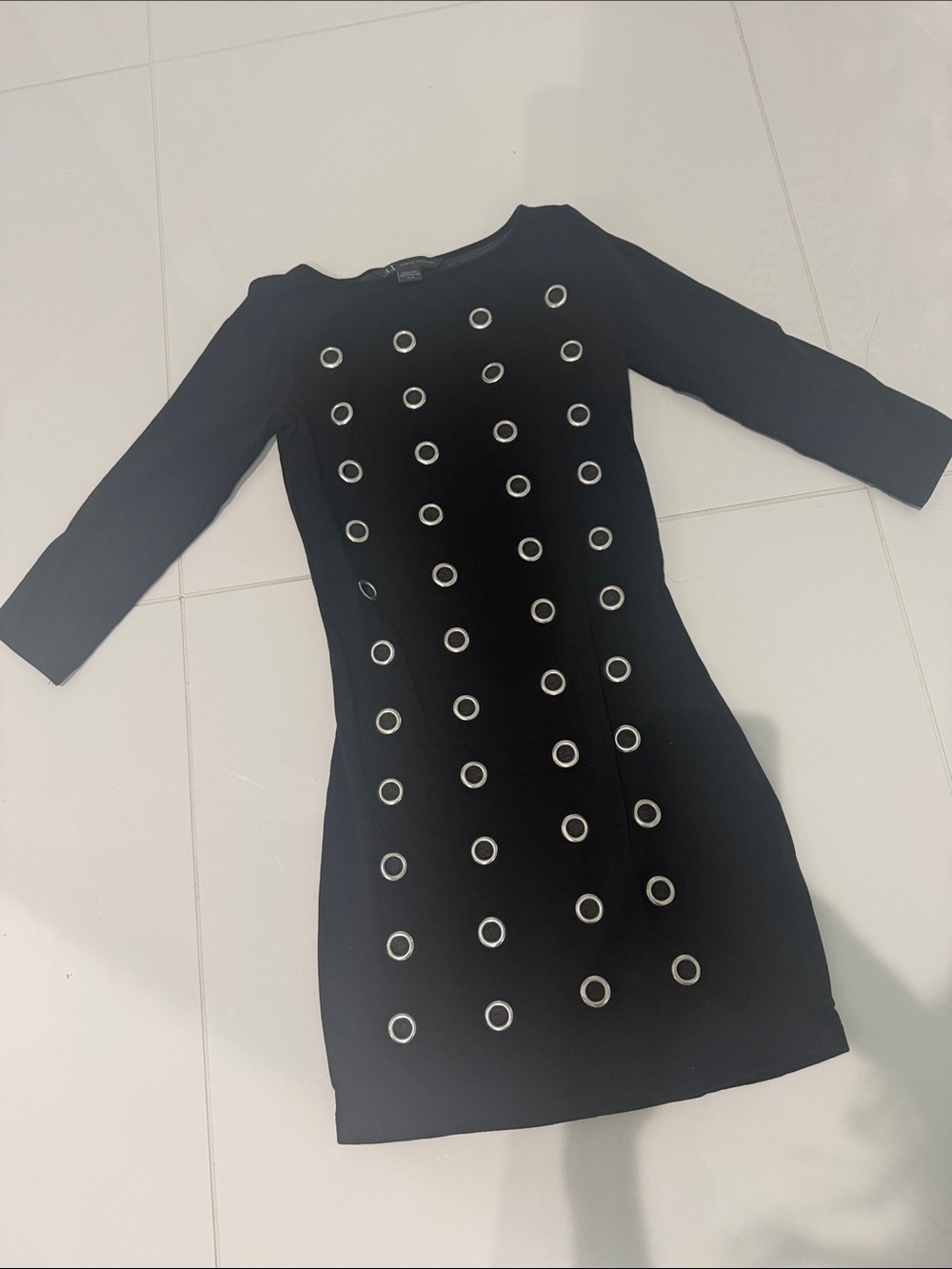 Armani Exchange Black Mini Dress with Silver Grommet Details